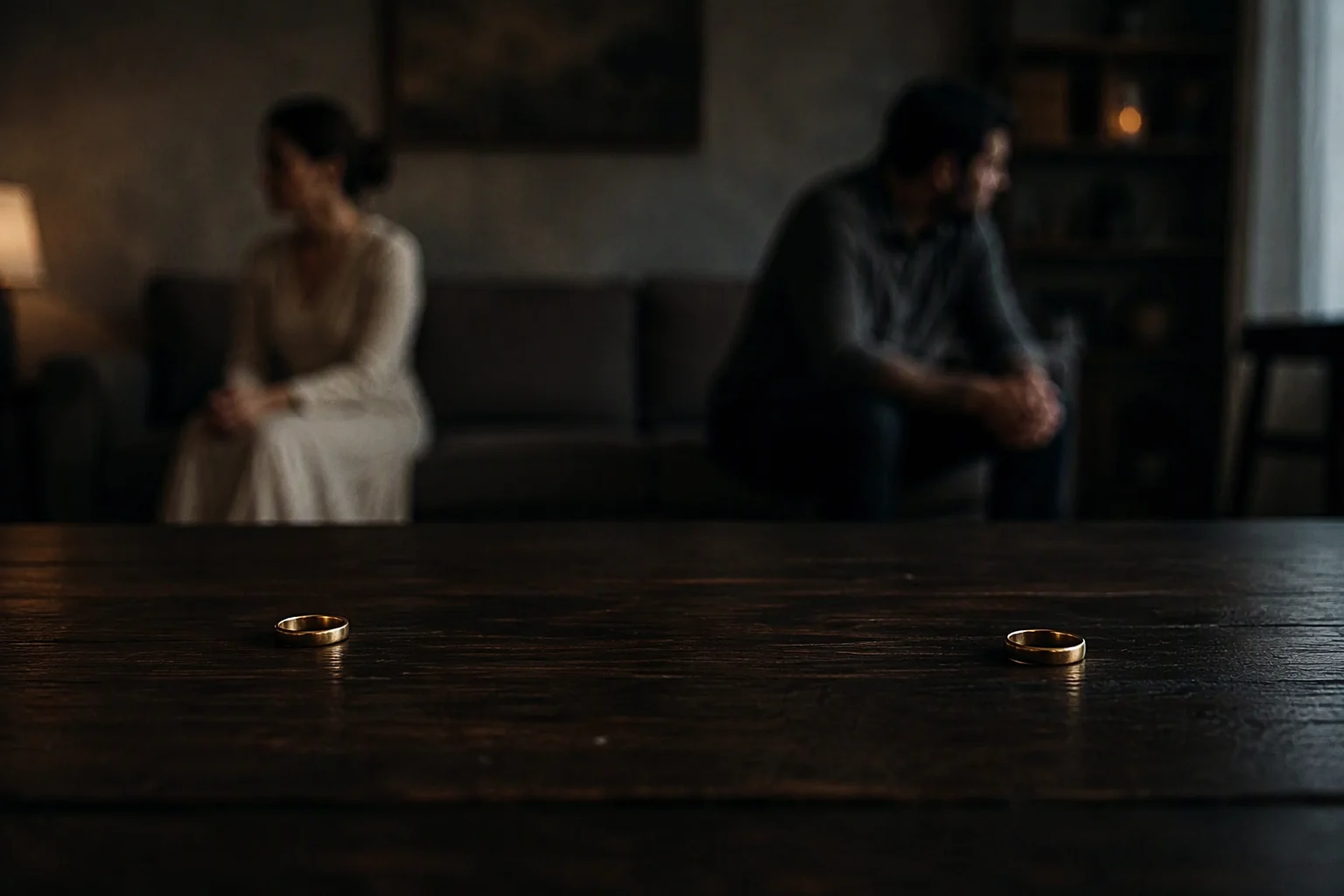 Two wedding rings on a table with a couple sitting apart in the background