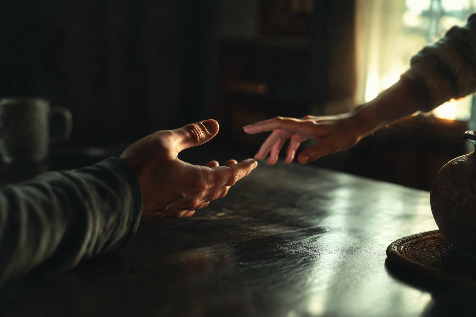 Two hands turning gently toward one another across a table