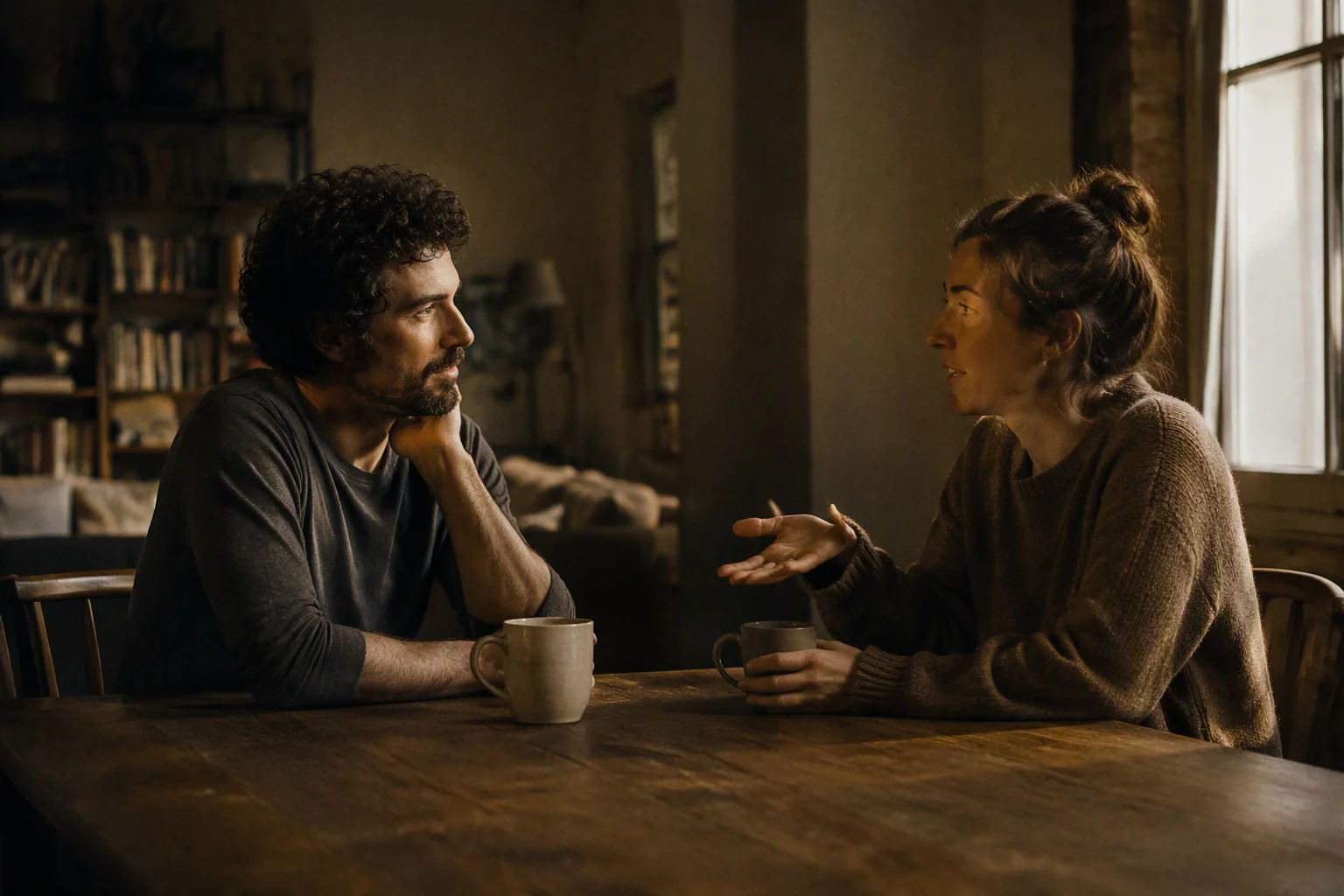 A couple listening closely to one another across a wooden table