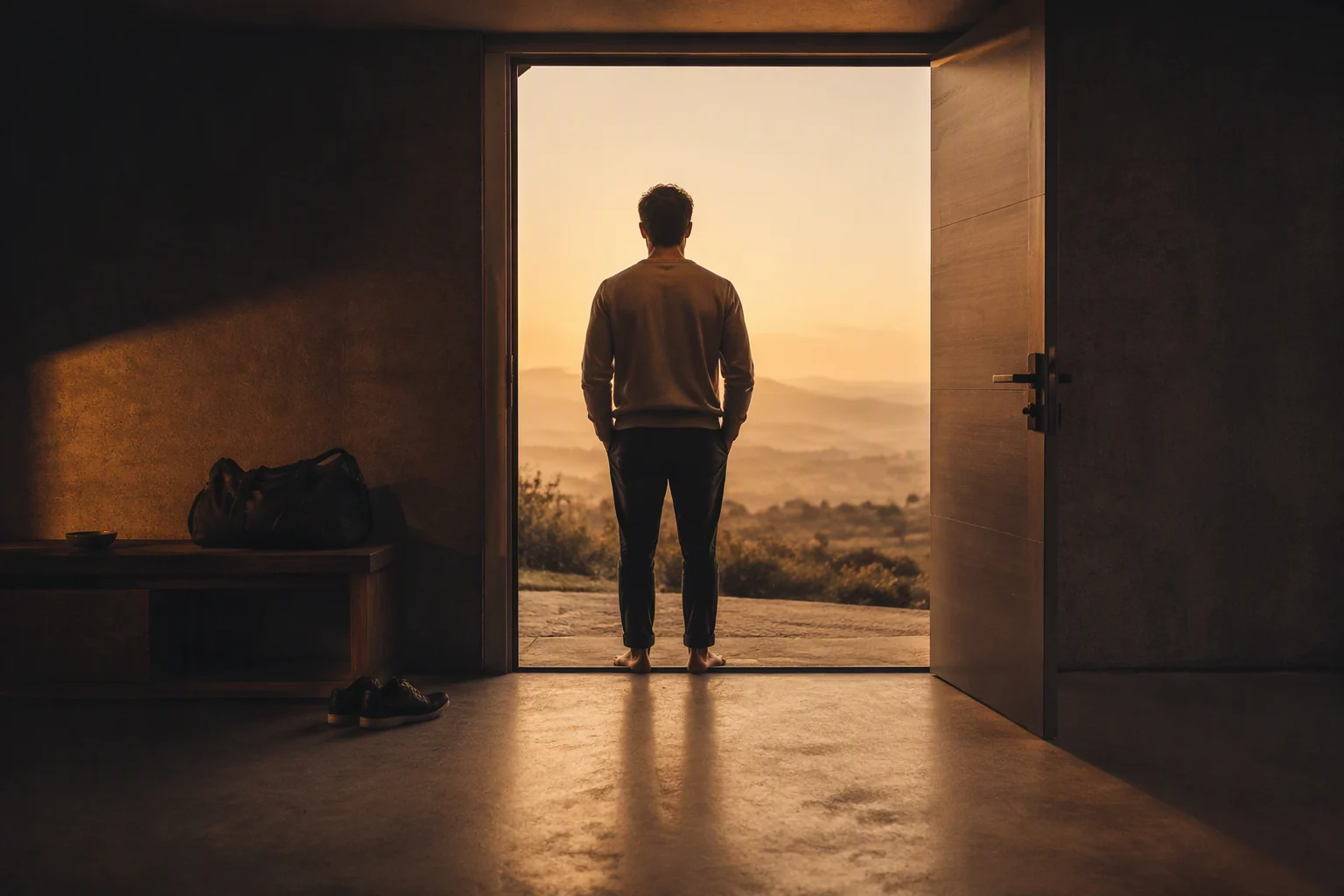 A person standing at an open doorway in the early morning light